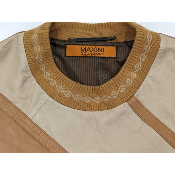 Maxini Collezione Mens Sweater Patchwork Leather Brown Tan Men's Size XXL 1980s - Picture 8 of 15